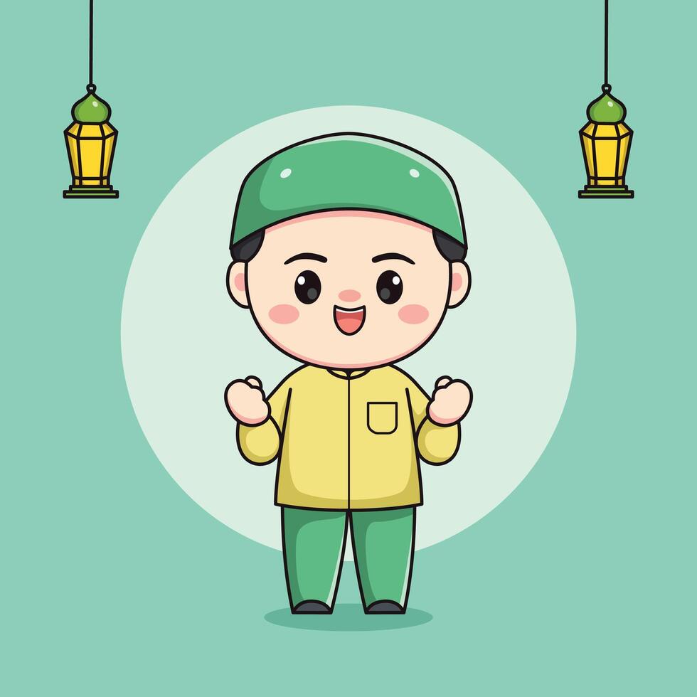 Cute Muslim child character with grasping fingers vector