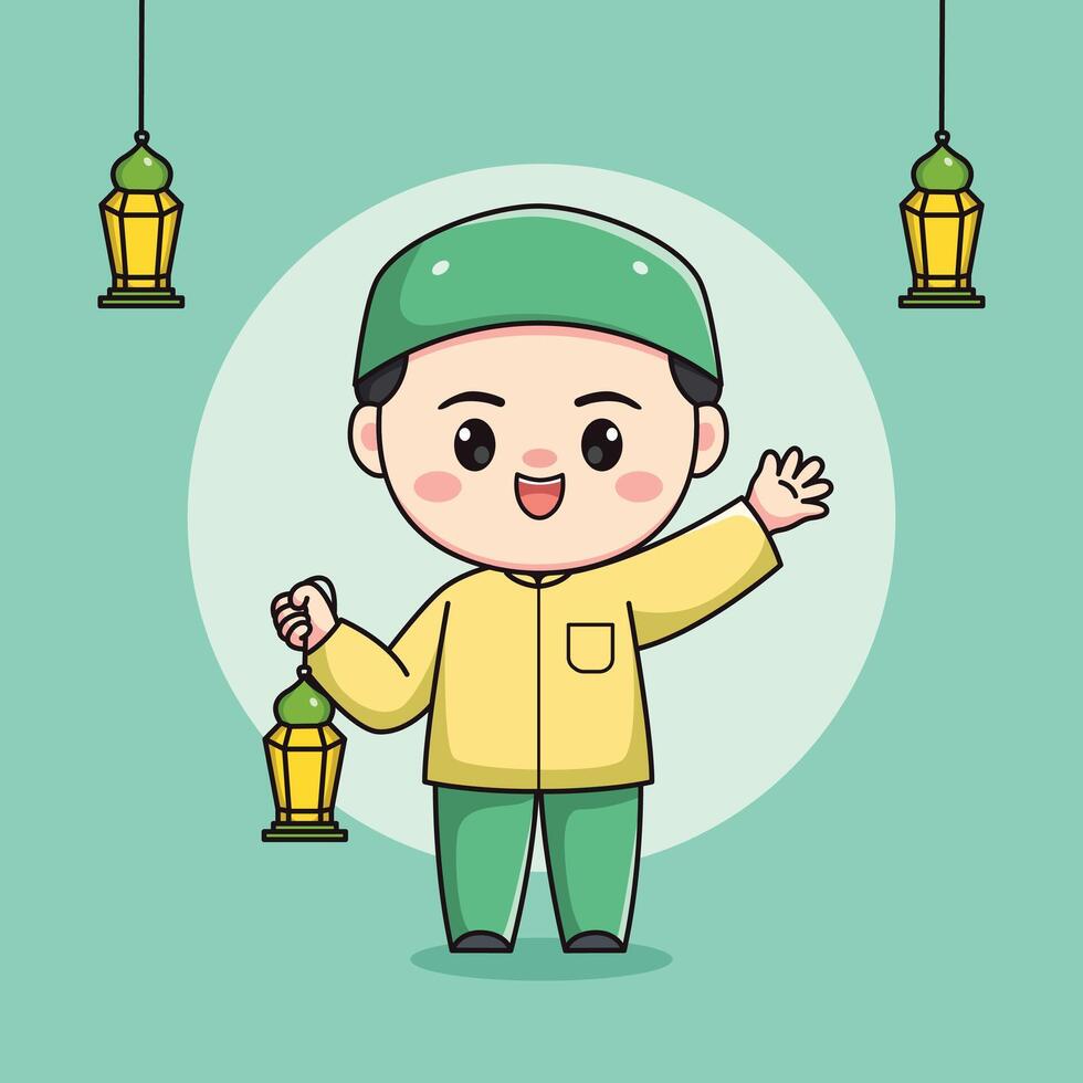 Cute muslim boy character holding lantern vector