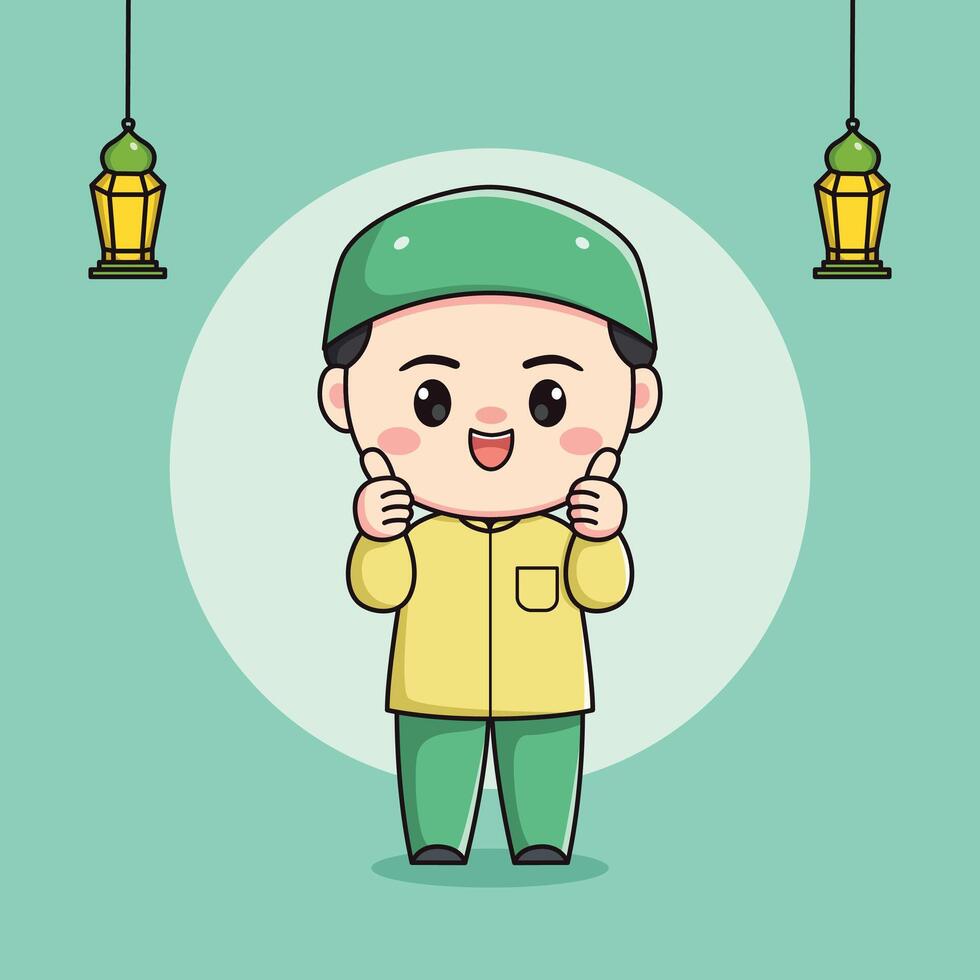 cute Muslim child character with two nice fingers vector