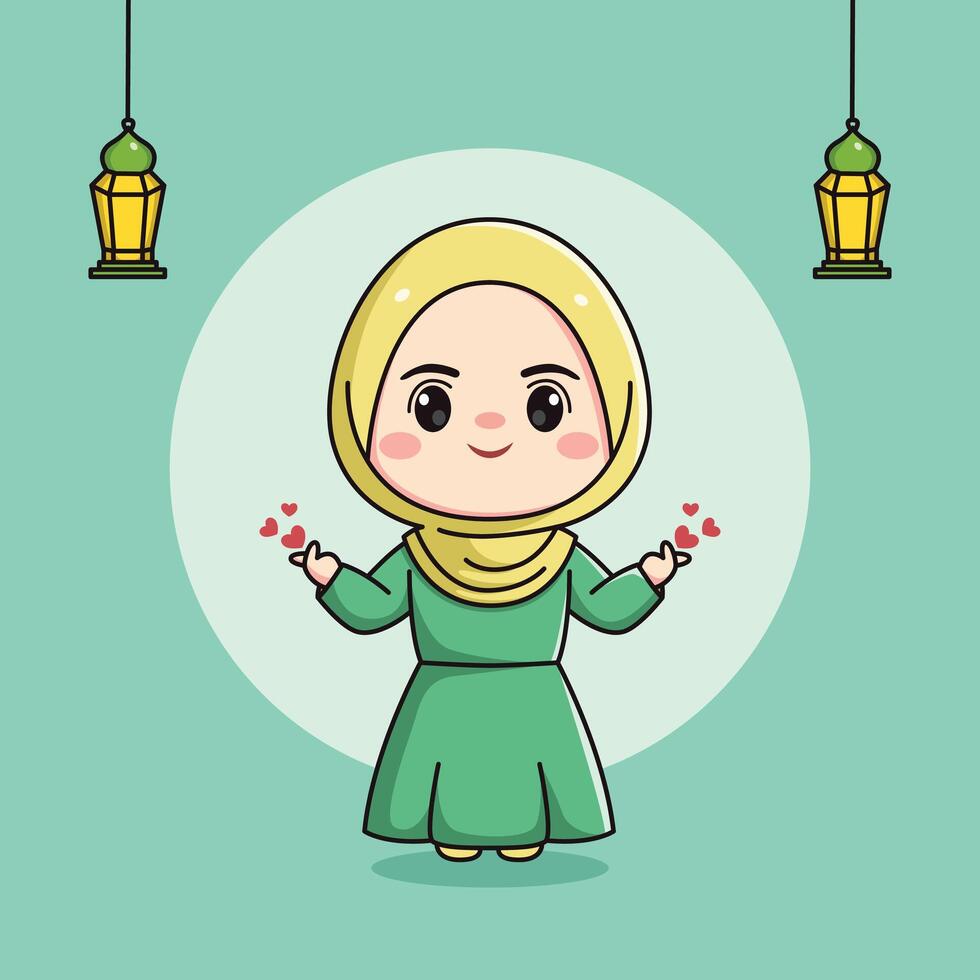 Cute Muslim girl character showing love finger vector