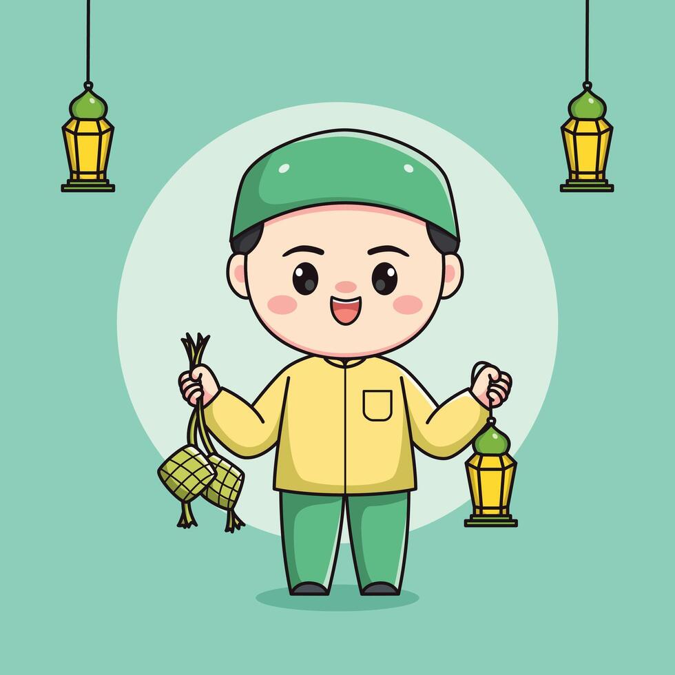 Cute muslim boy character holding lantern and ketupat vector