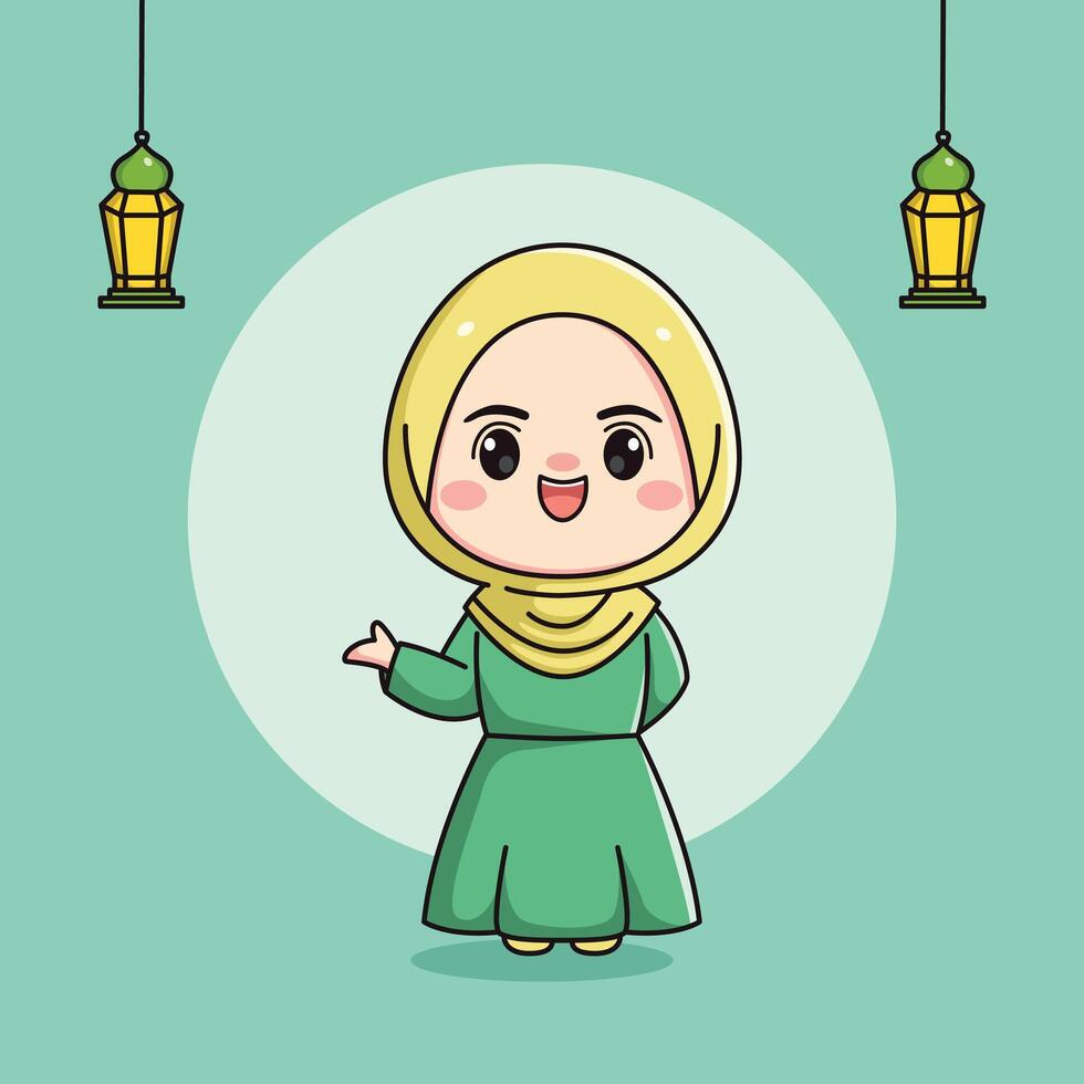 Cute Muslim girl character with welcoming hand vector