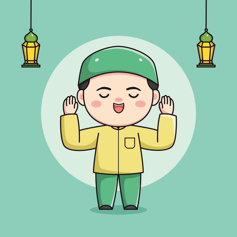 cute Muslim child character with both hands raised vector