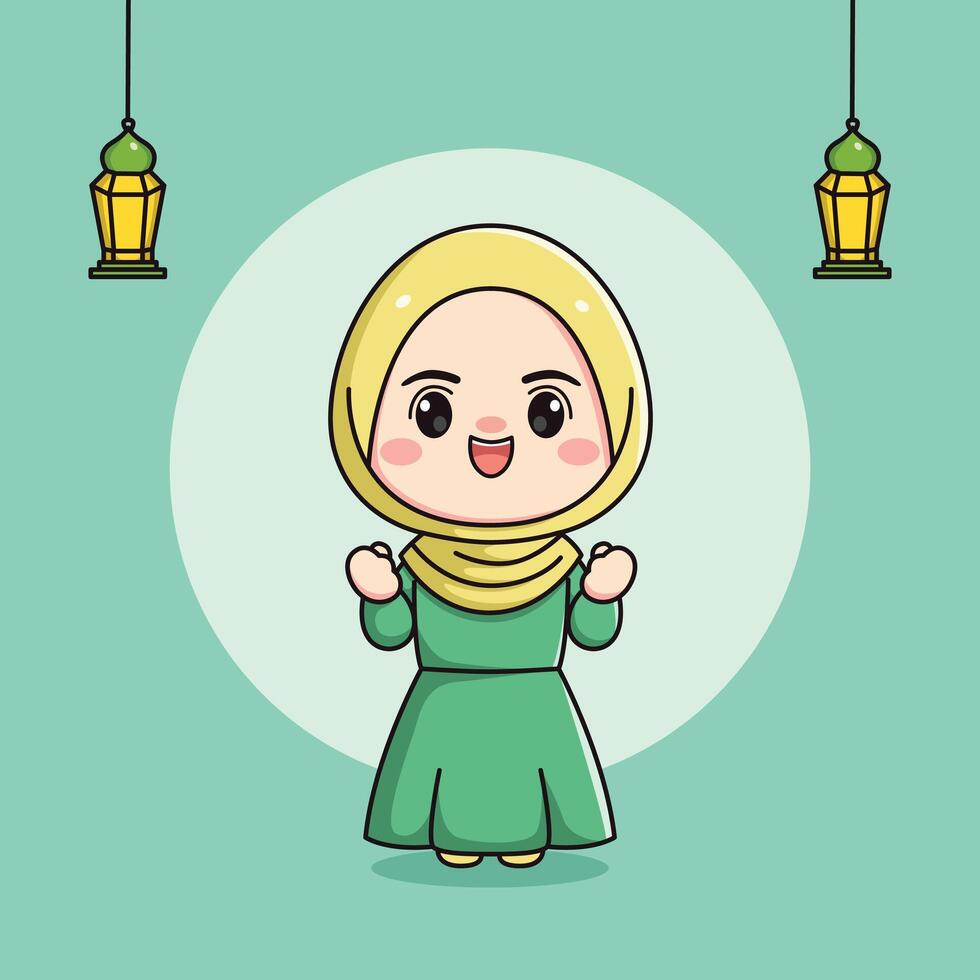 Cute Muslim girl character with grasping fingers vector