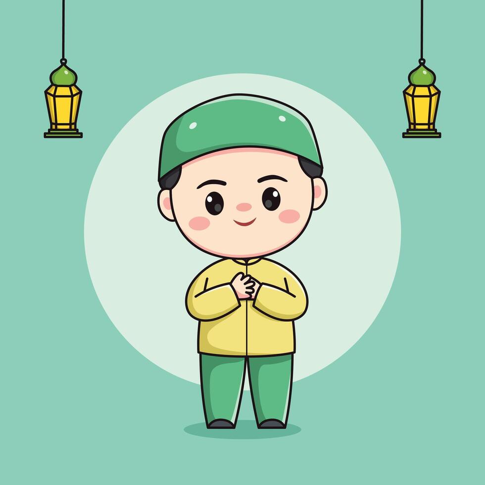 cute muslim child character with both hands on his chest vector