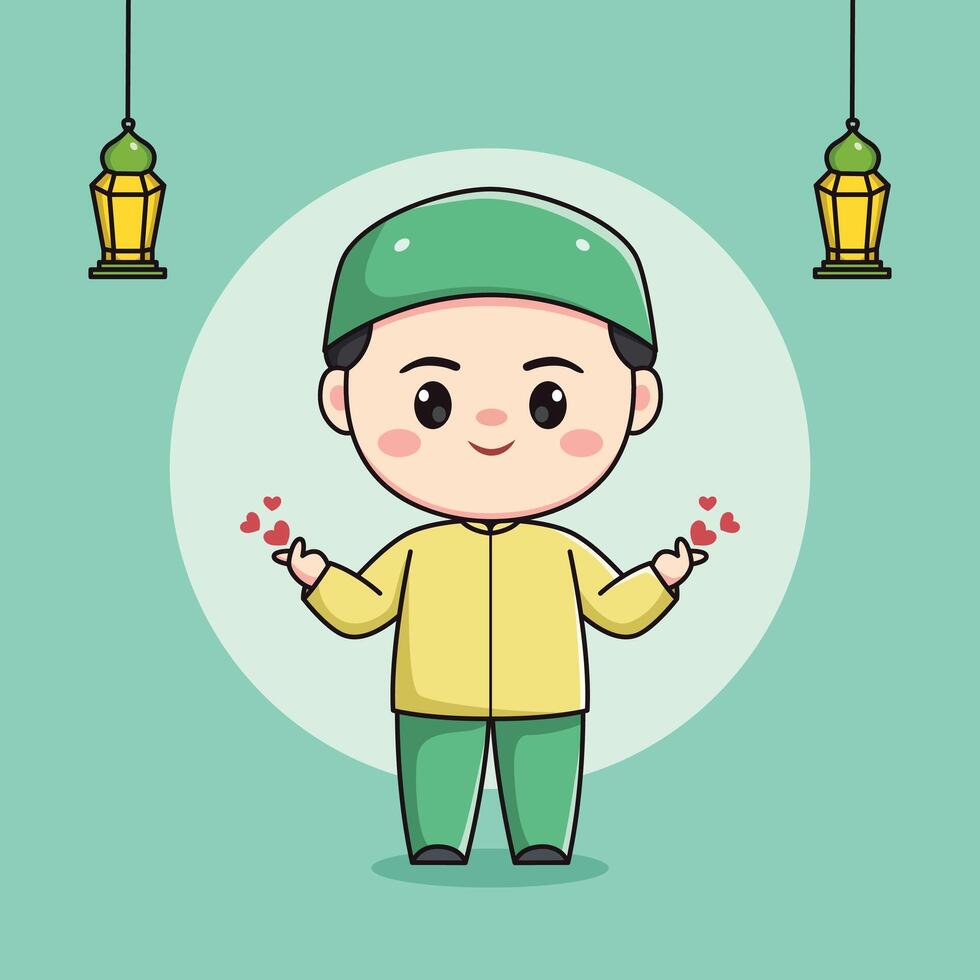 Cute Muslim child character showing love finger vector