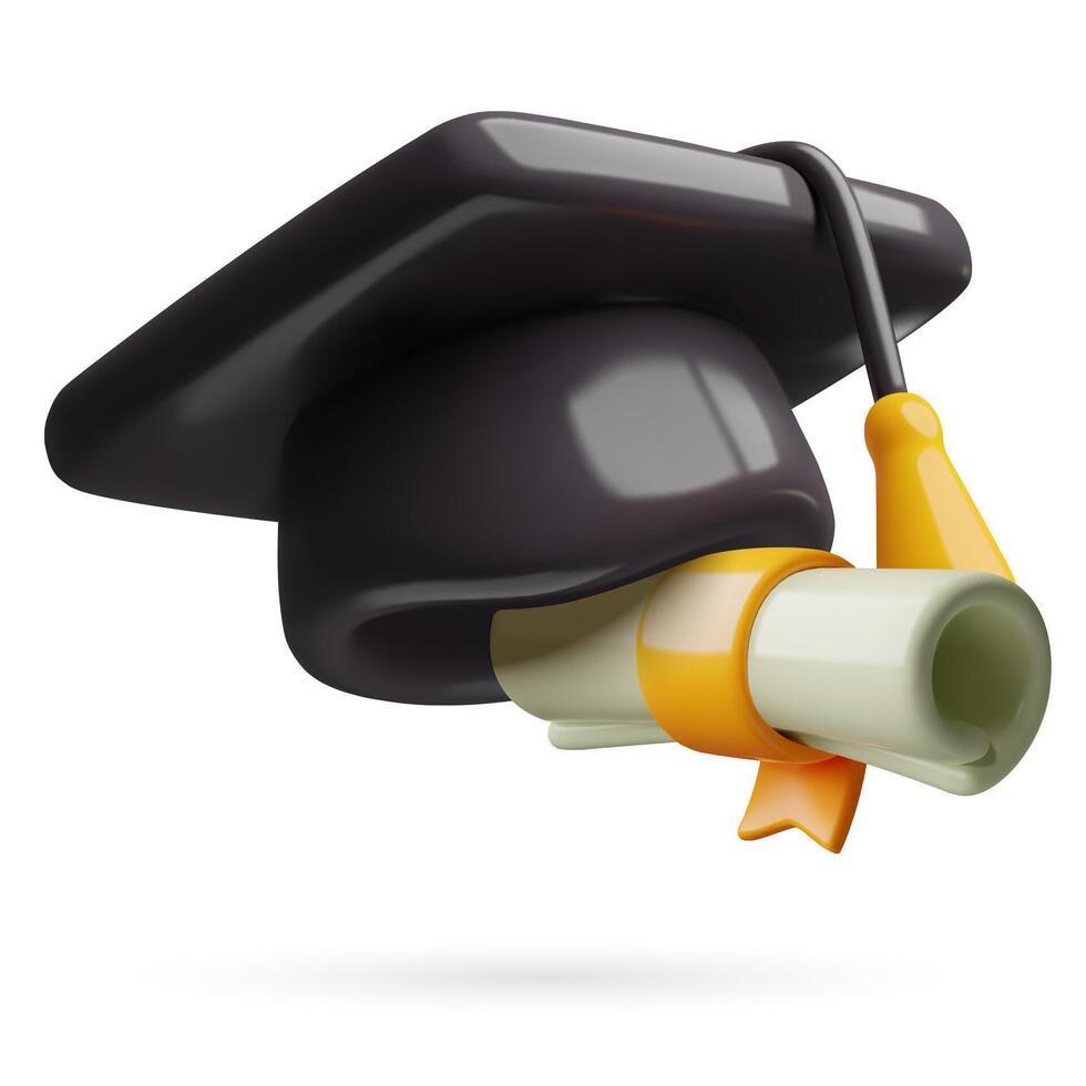 3d graduation icon with mortarboard cap and diploma scroll three dimensional plastic vector object