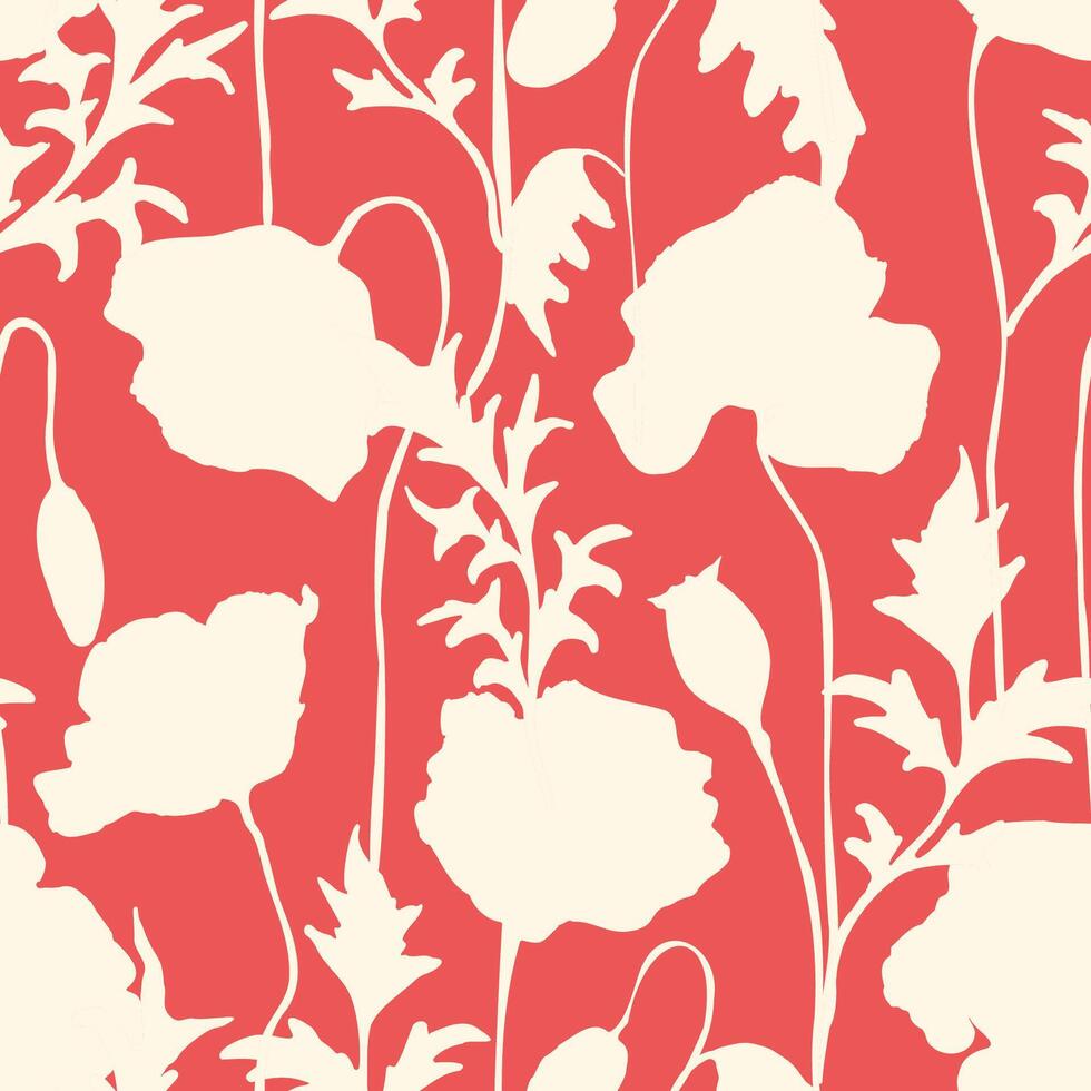 Poppy silhouette floral seamless pattern flowers and leaf botanical endless print on red background vector