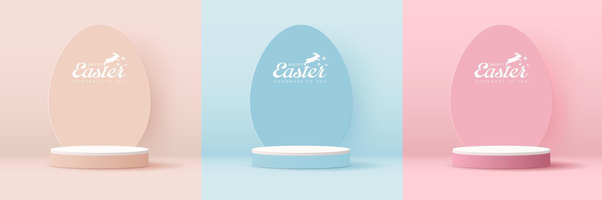 contento Pascua de Resurrección azul y rosado antecedentes y papel Arte podio monitor para producto presentación marca y embalaje presentación. estudio etapa con huevos y Conejo antecedentes. vector diseño.