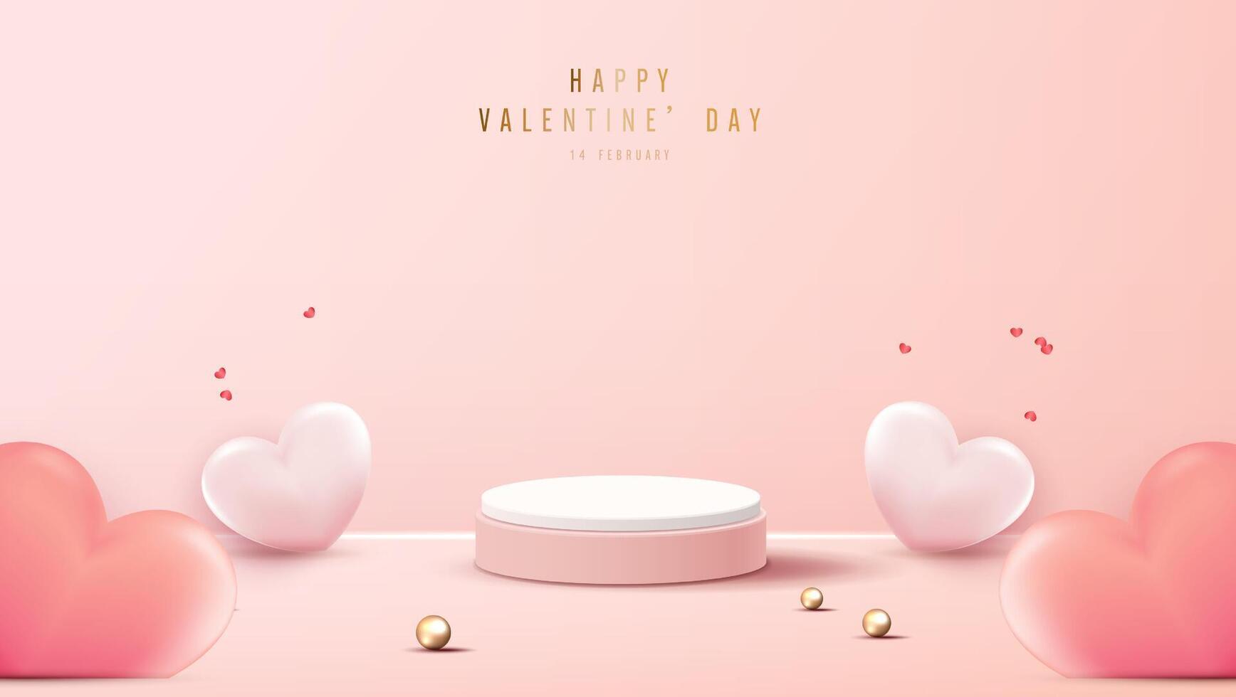 contento san valentin día y etapa podio decorado con corazón forma. pedestal escena con para producto, cosmético, publicidad, espectáculo, premio ceremonia, en rosado antecedentes y ligero. vector diseño.