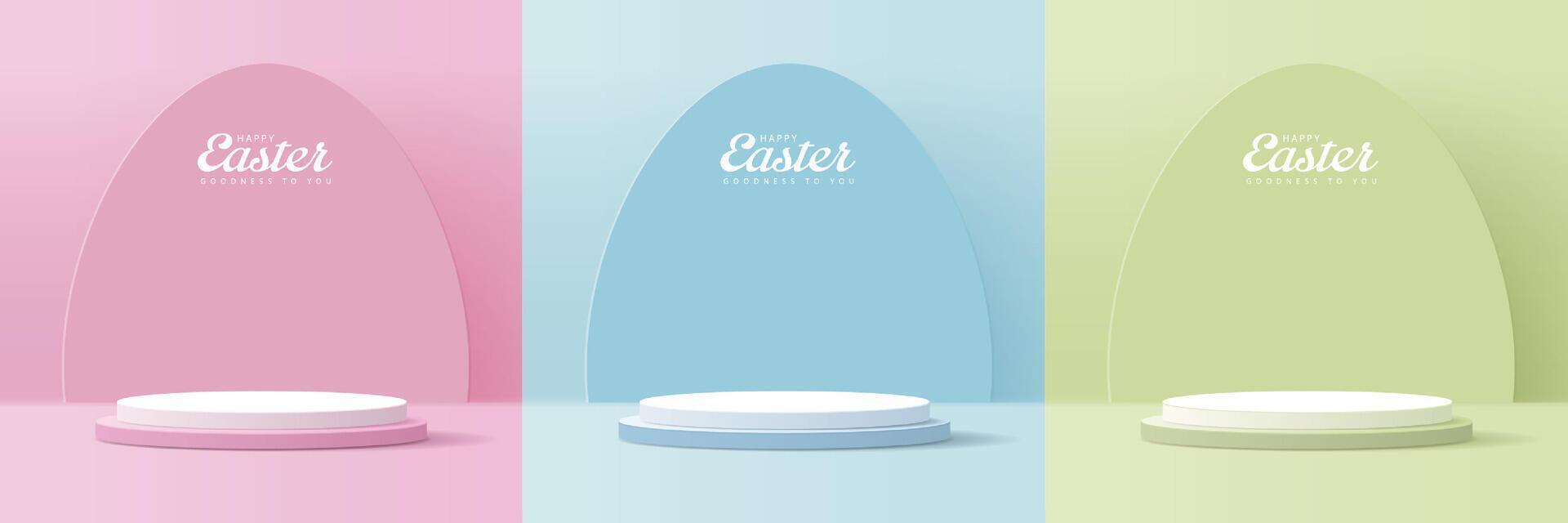 Happy Easter pink,blue and yellow background and podium display for product presentation branding and packaging presentation. studio stage with eggs and rabbit background. vector design.