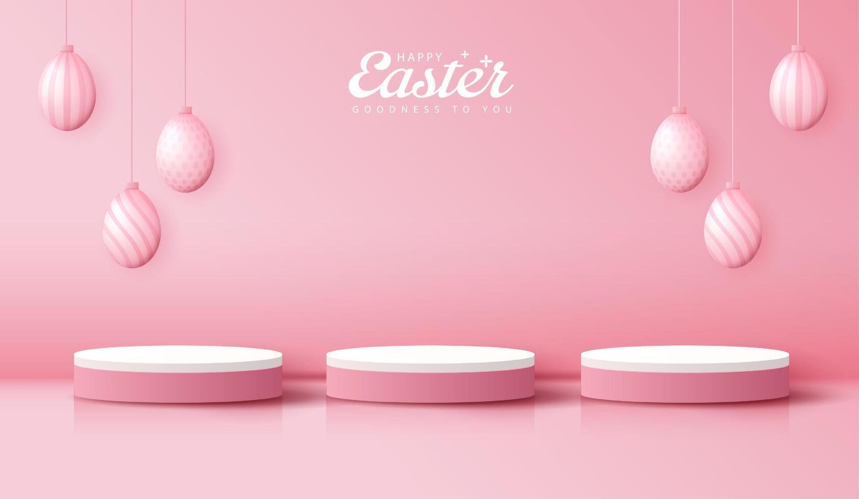Happy Easter pink background and podium display for product presentation branding and packaging presentation. studio stage with eggs and rabbit background. vector design.