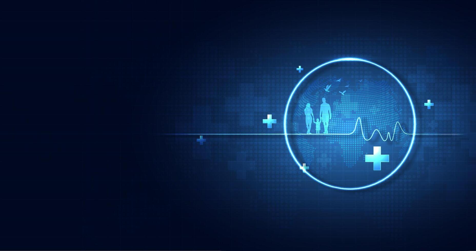 World health day of a happy family concept. health care and abstract geometric medical background with icons and idea for healthcare technology, innovation medicine, healthcare, science. vector design