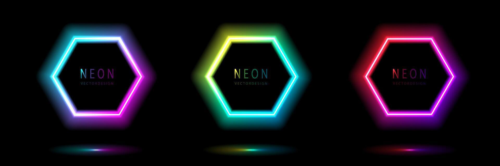 Set of neon light hexagon shape frames design on a dark background. gradient glowing borders. elements valentine day festival design. colorful futuristic Valentines Day. vector design.