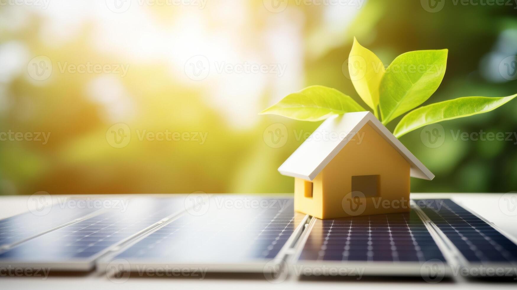 AI generated A model house with a green leaf on the roof is placed next to solar panels with a bright, sunlit background, symbolizing eco-friendly energy solutions for smart homes photo