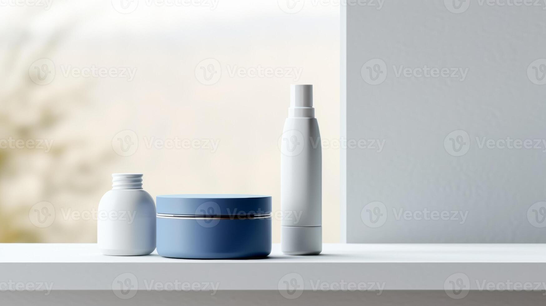 AI generated A trio of sleek cosmetic bottles with a minimalist design on a muted backdrop, perfect for branding photo