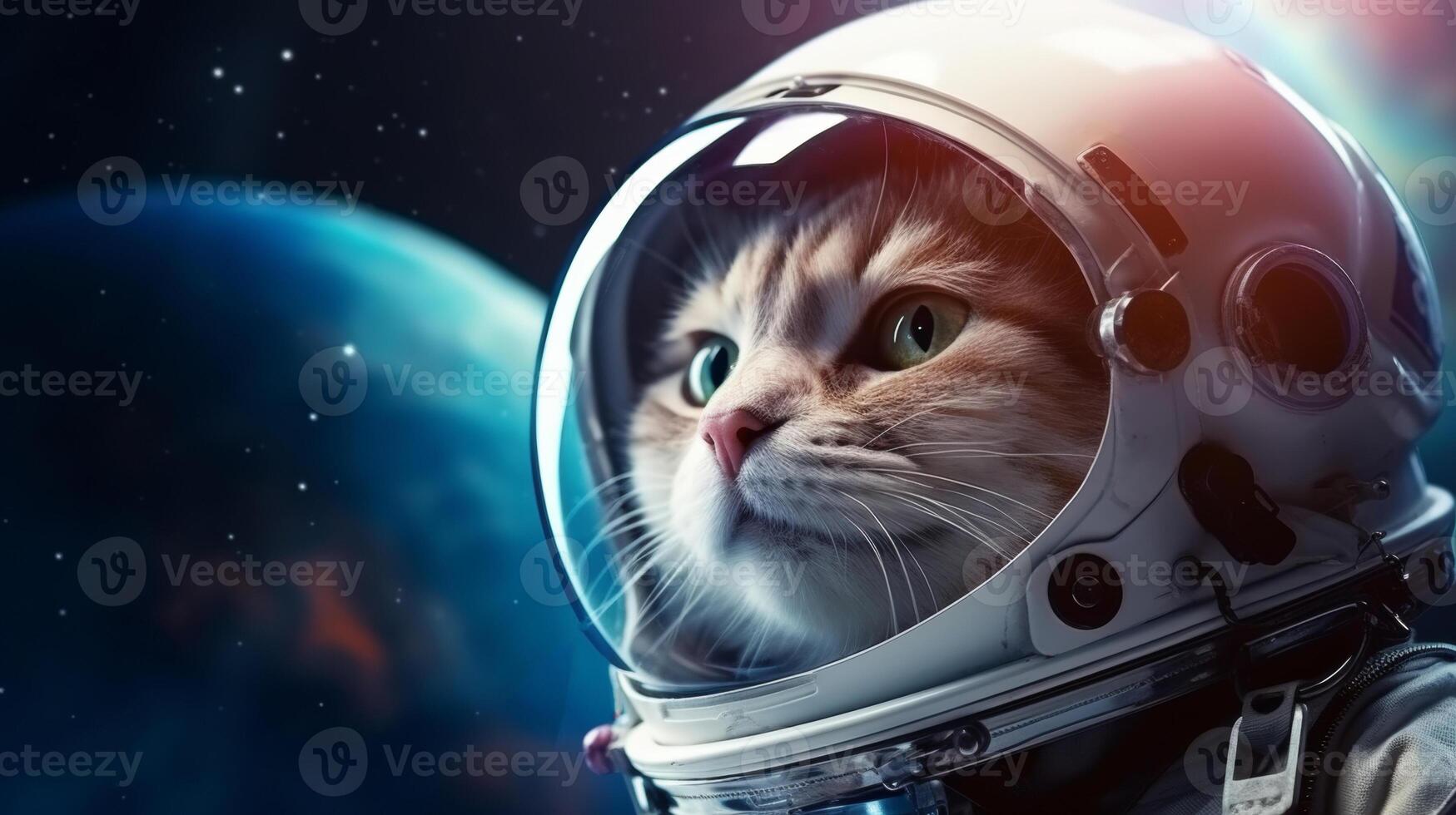 AI generated A cat in an astronaut helmet gazes into space, with cosmic backgrounds of stars and nebulae. The image displays a creative blend of sci-fi and pet themes photo