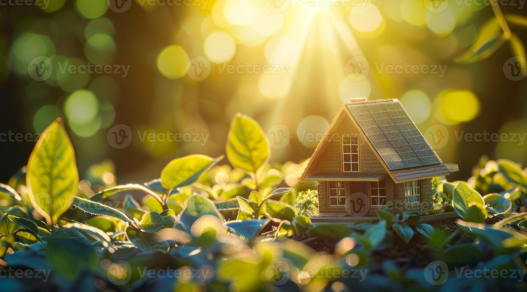 AI generated A model house with a green leaf on the roof is placed next to solar panels with a bright, sunlit background, symbolizing eco-friendly energy solutions for smart homes photo