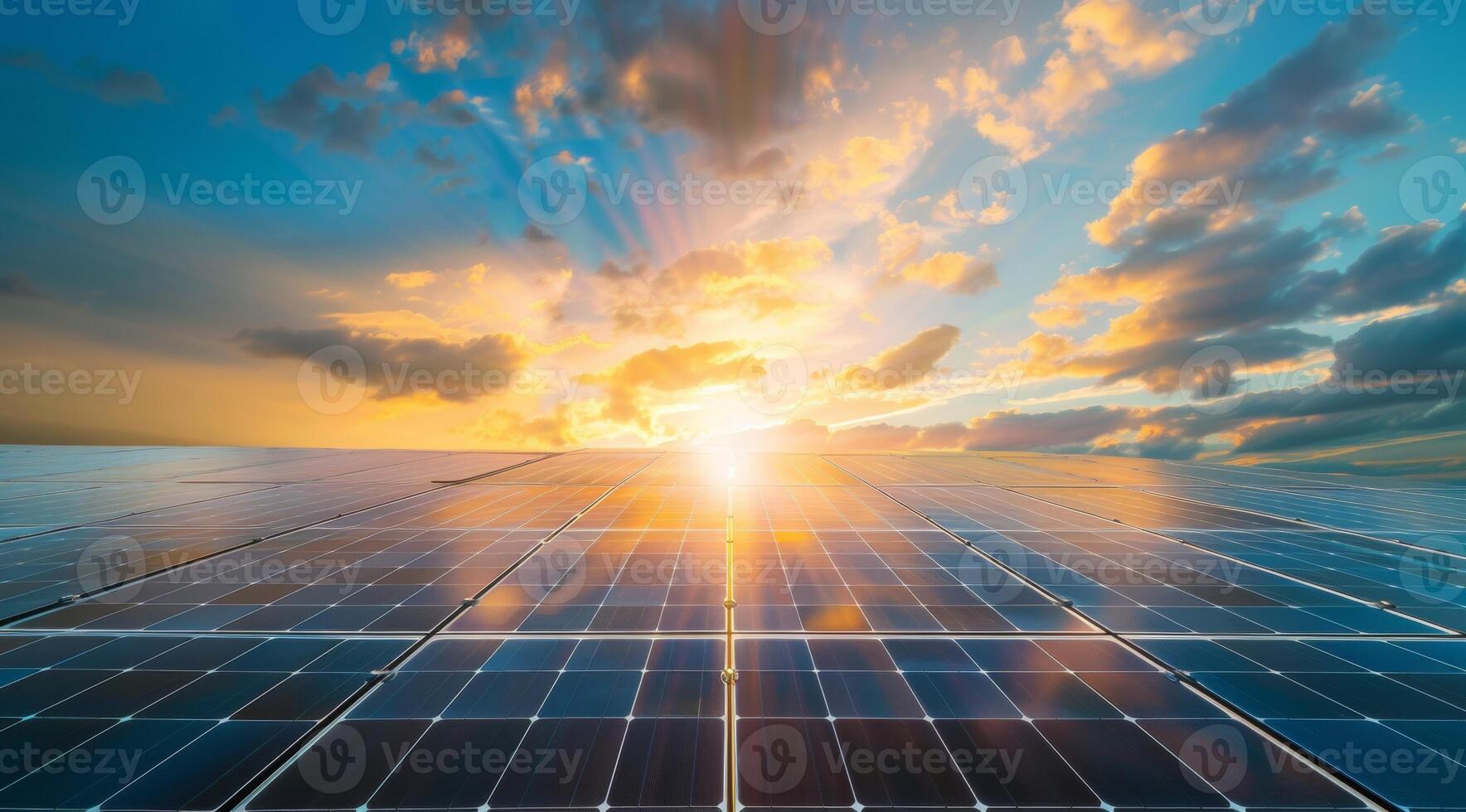 ai generado un vasto solar panel formación capturas el dorado rayos de el ajuste sol, destacando renovable energía potencial foto