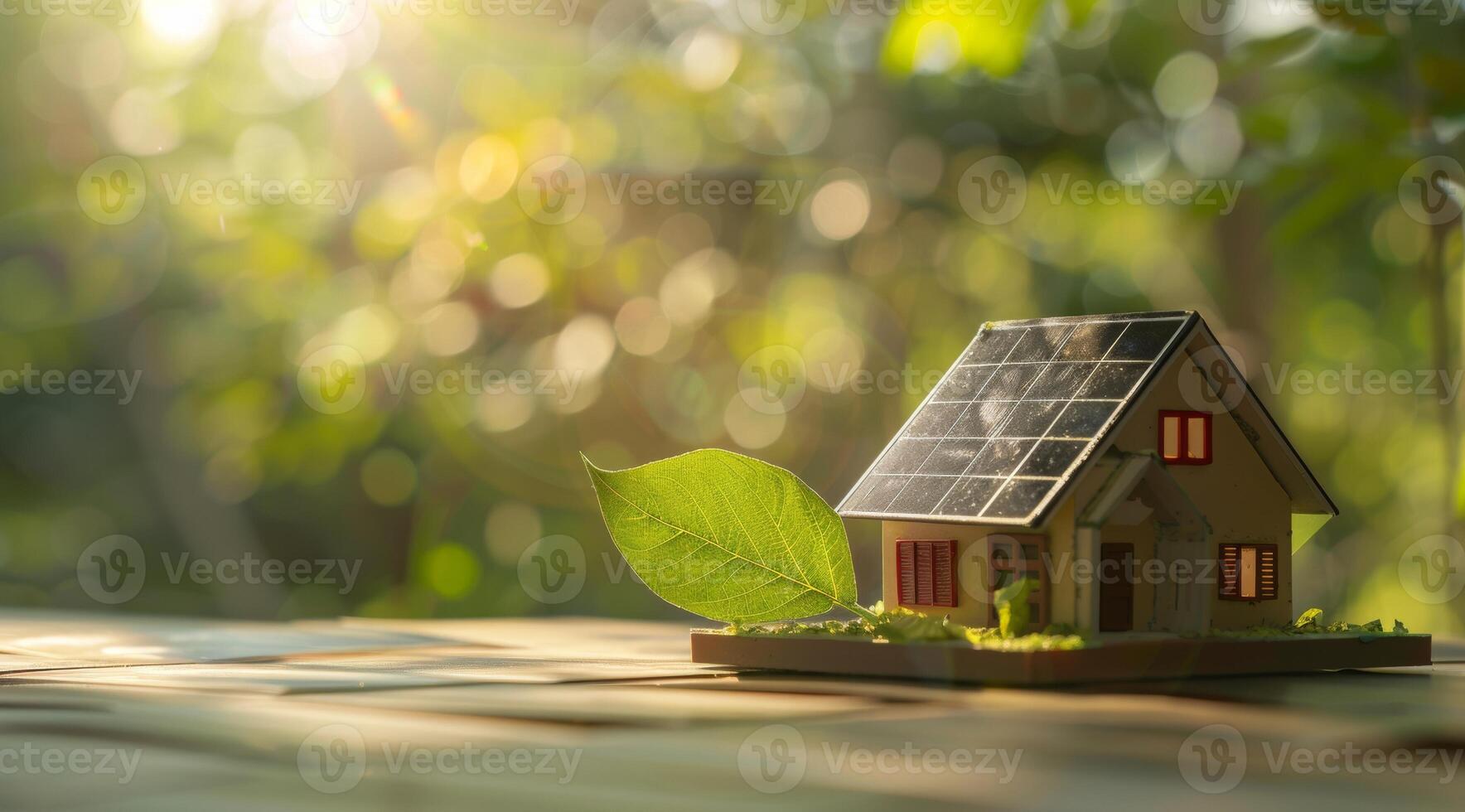 AI generated A model house with a green leaf on the roof is placed next to solar panels with a bright, sunlit background, symbolizing eco-friendly energy solutions for smart homes photo