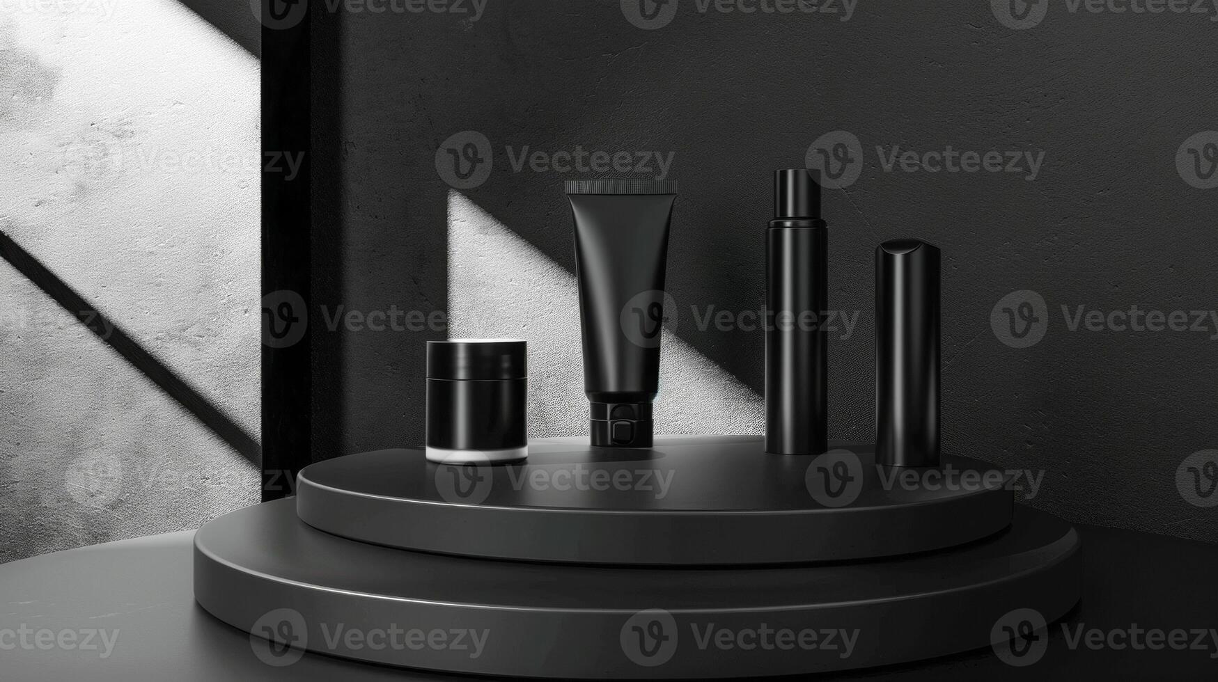 AI generated A collection of unbranded black beauty product packaging on a circular platform with a textured dark background illuminated by a slanted light beam, stand with copy space for text photo