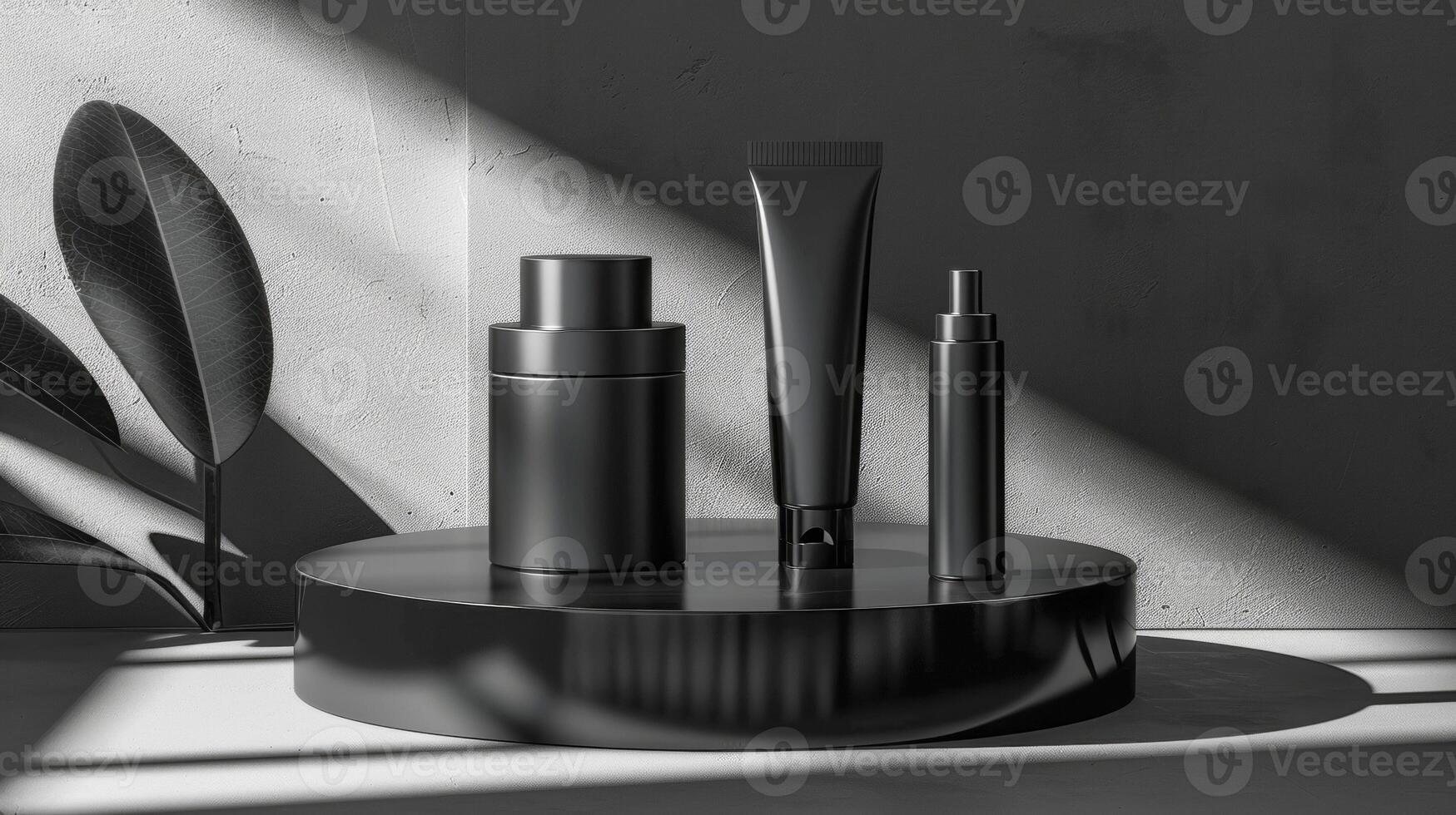 AI generated A collection of unbranded black beauty product packaging on a circular platform with a textured dark background illuminated by a slanted light beam, stand with copy space for text photo