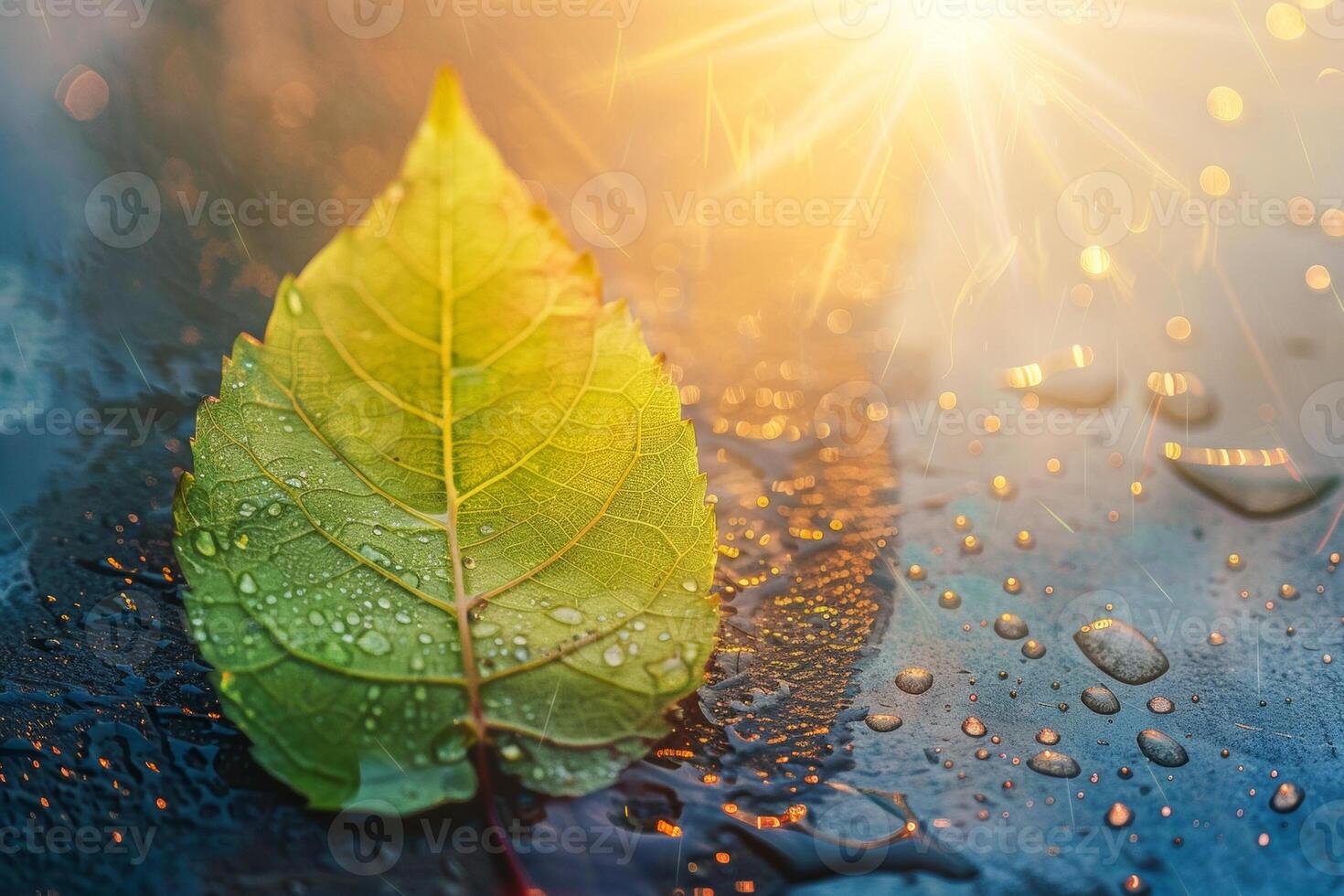 AI generated A close-up of a green leaf with water droplets under sunlight, highlighting the intricate patterns and fresh appearance of the foliage photo