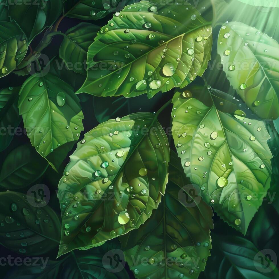 AI generated A close-up of a green leaf with water droplets under sunlight, highlighting the intricate patterns and fresh appearance of the foliage photo