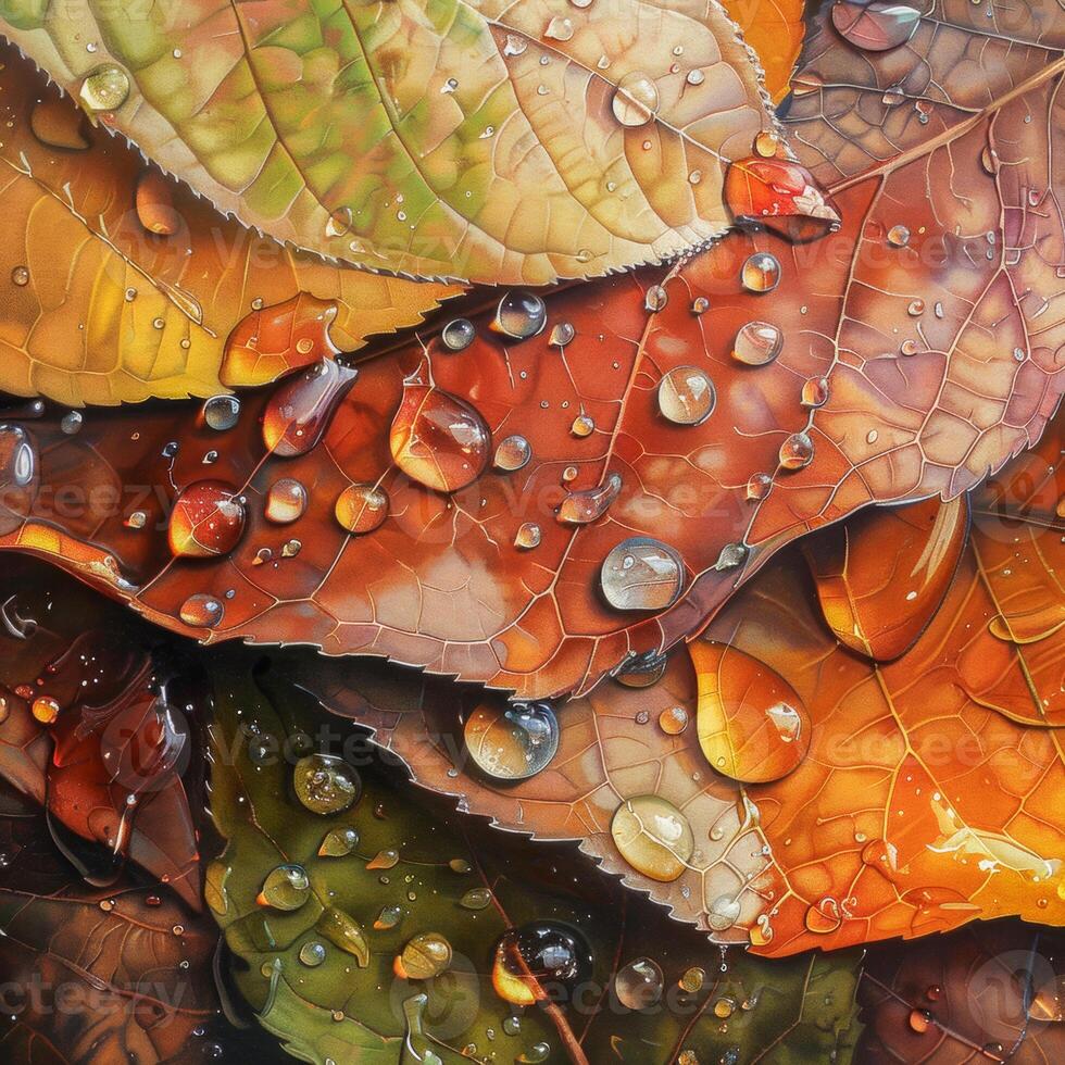 AI generated This is a close-up photo of overlapping autumn leaves with droplets of water on them, showcasing rich colors and intricate vein patterns