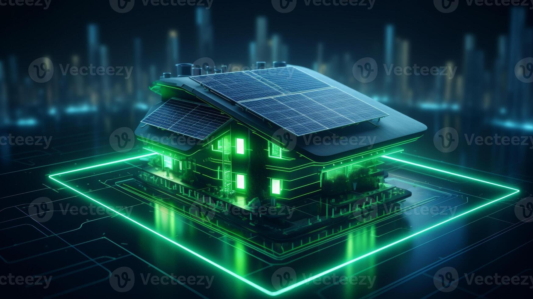 AI generated This is a 3D render of a futuristic smart home with glowing green lines, featuring a roof covered with solar panels, symbolizing sustainable energy within a cityscape photo