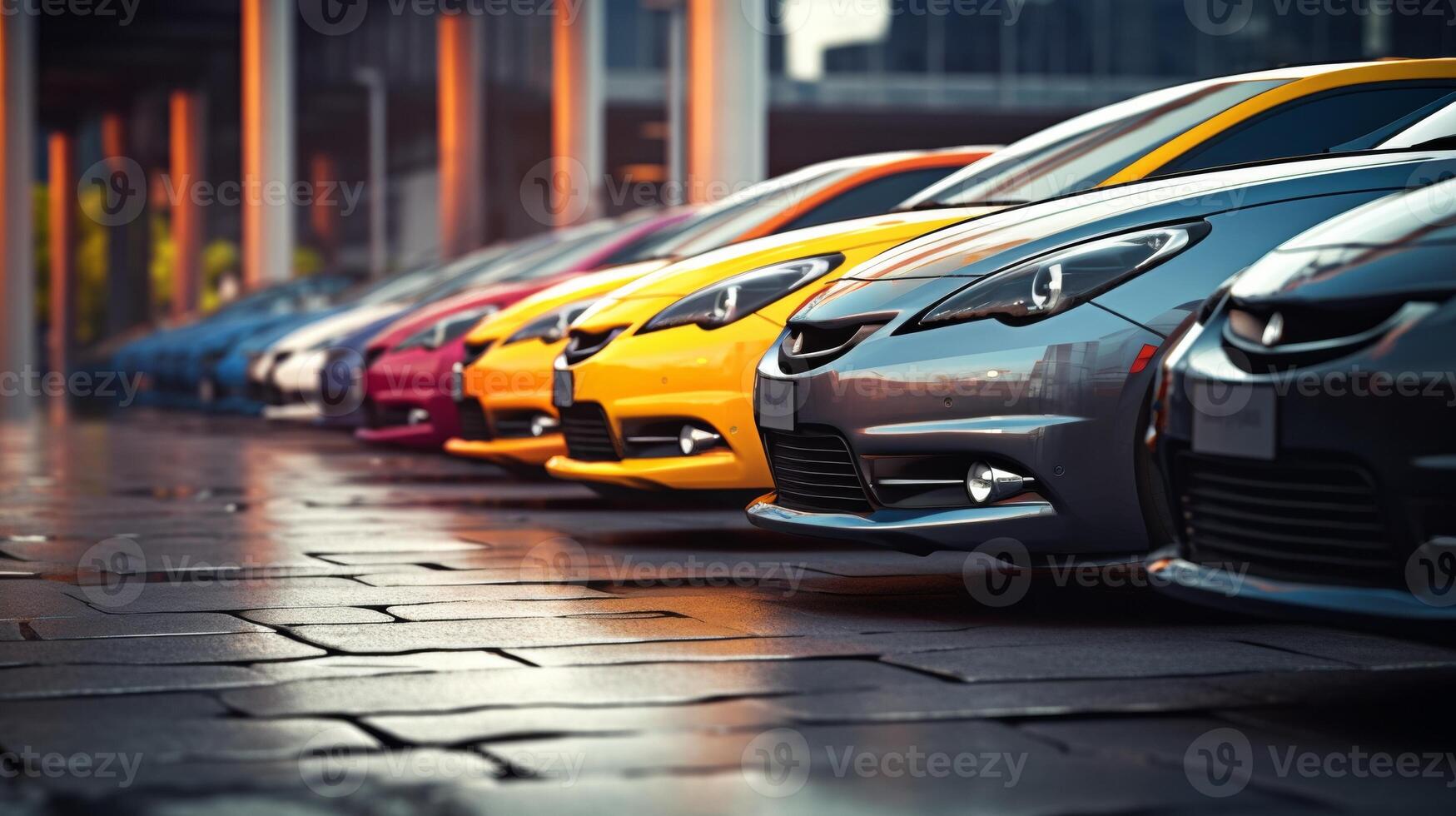 AI generated A row of luxury cars in various colors is displayed in a showroom, with focus on a red vehicle's front side and wheel photo