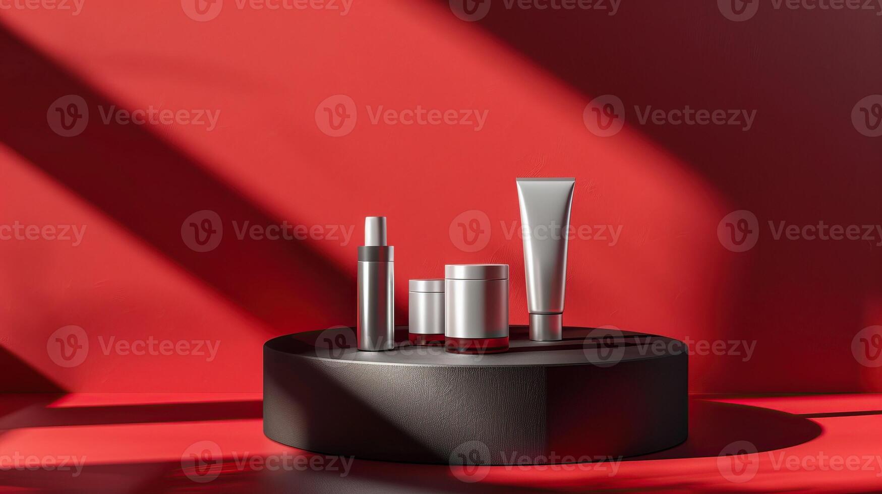 AI generated Cosmetic mockup scene with tube and jars on round podium, red background, dramatic shadows, for product display. Mockup, template photo