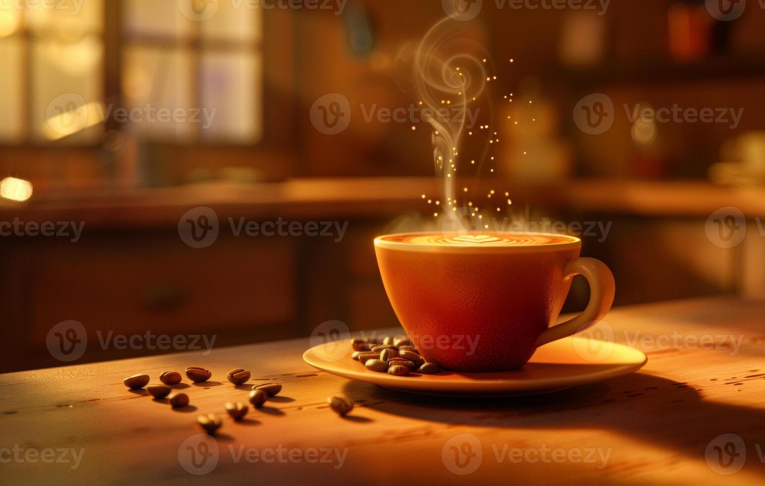 AI generated A steaming cup of coffee with latte art on a saucer decorated with coffee beans, on a rustic wooden table in a cozy kitchen setting photo