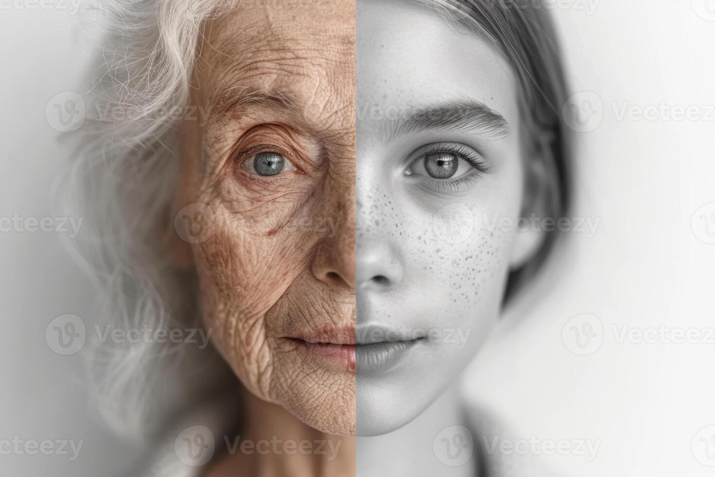 ai generado el cara de un joven niña y un mayor mujer con arrugas el concepto de envejecimiento y piel cuidado foto