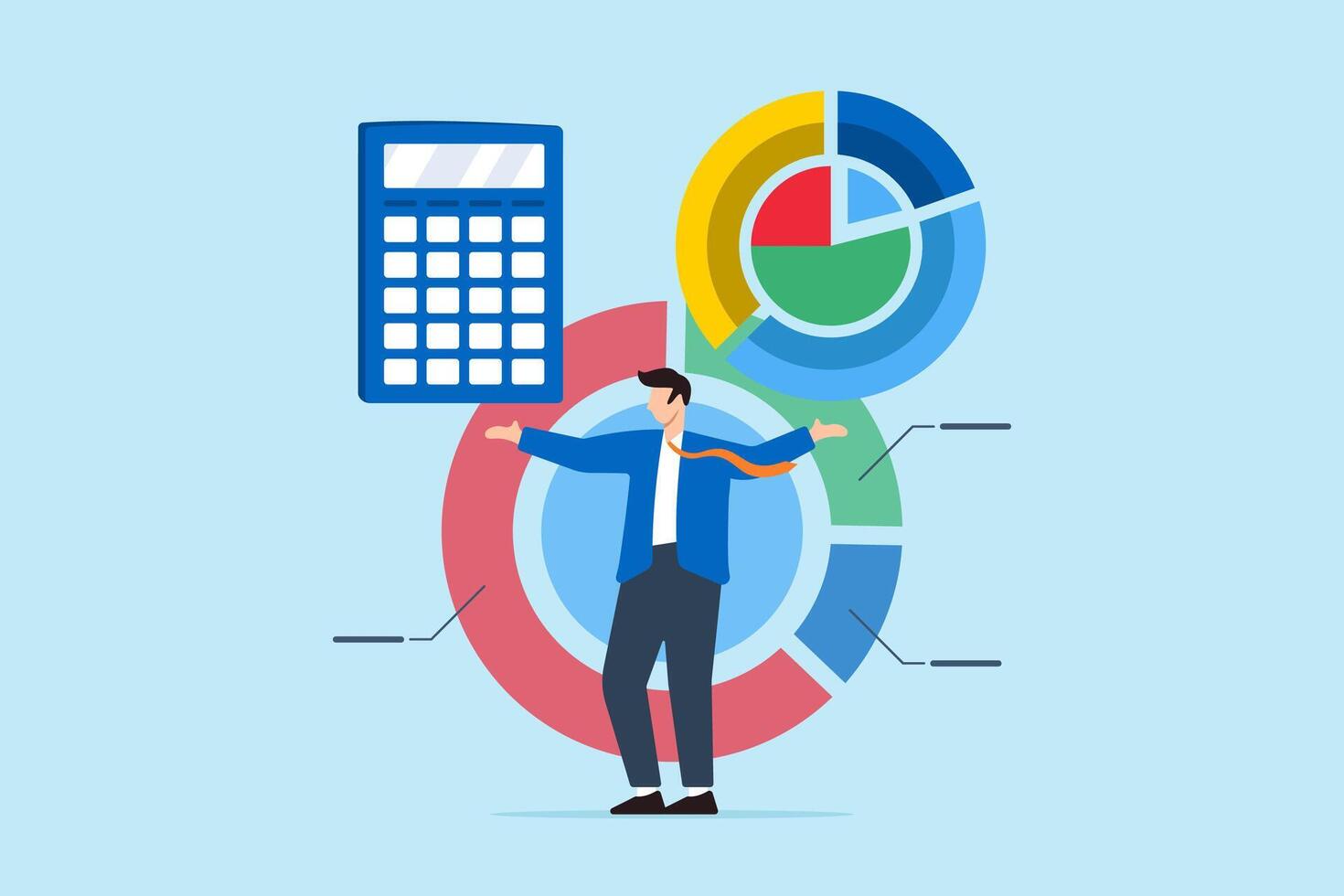 Businessman with calculator and pie chart. Concept of cost structure analysis, expense and income balance calculation, revenue assessment, debt and investment analysis, budgeting, and saving vector
