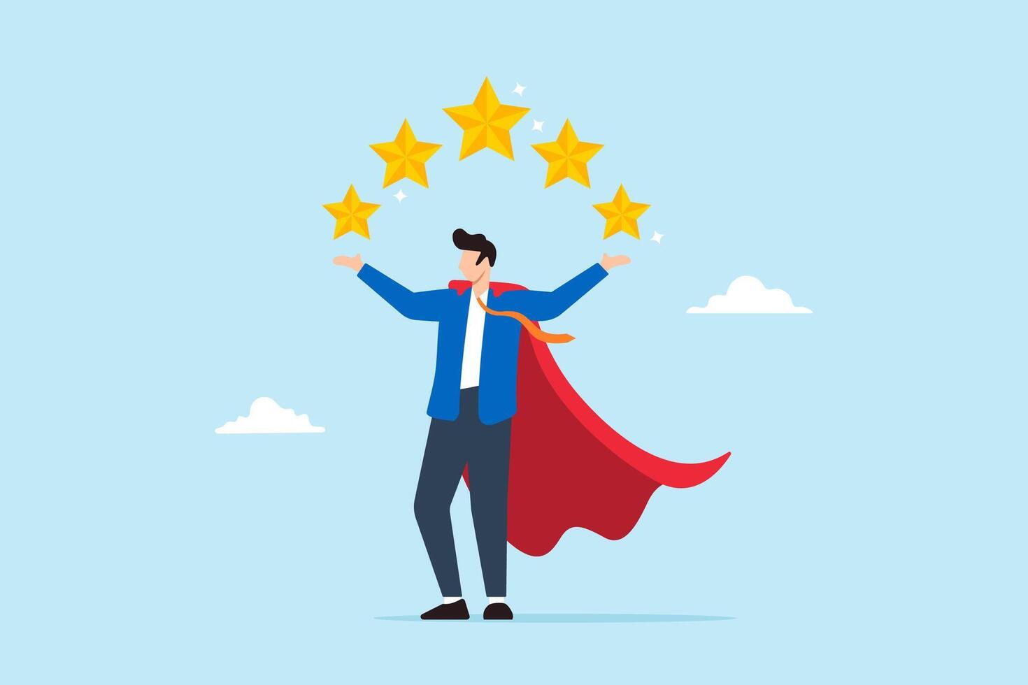 Superhero businessman holds big golden 5 star customer rating feedback. Concept of excellent service, quality, and strong professional reputation, earning awards and top ratings vector