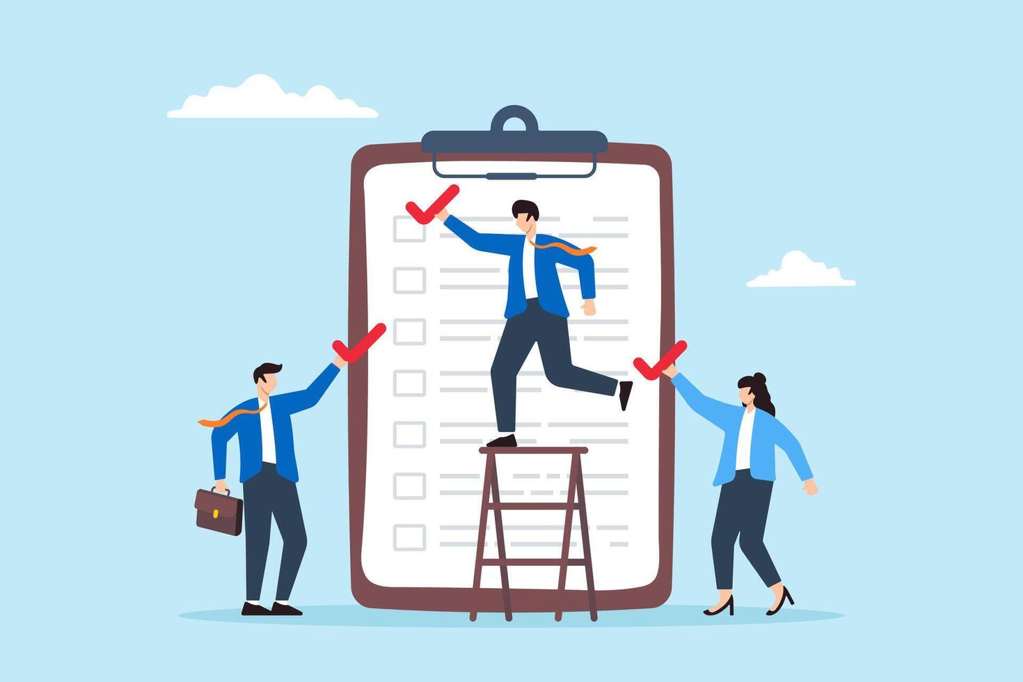 Businessman coworkers assist to put checkmark on task list clipboard, illustrating completion of todo list, work checklist. Concept of project management, teamwork to completing plans vector