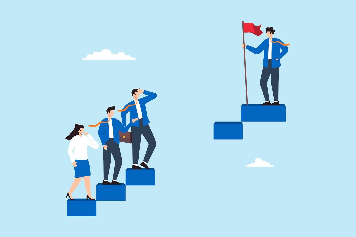 Some business people struggle to climb broken stairs, while others at the top. Concept of skill gaps, career problem, talent obstacle, and differences in knowledge to achieve their goals vector