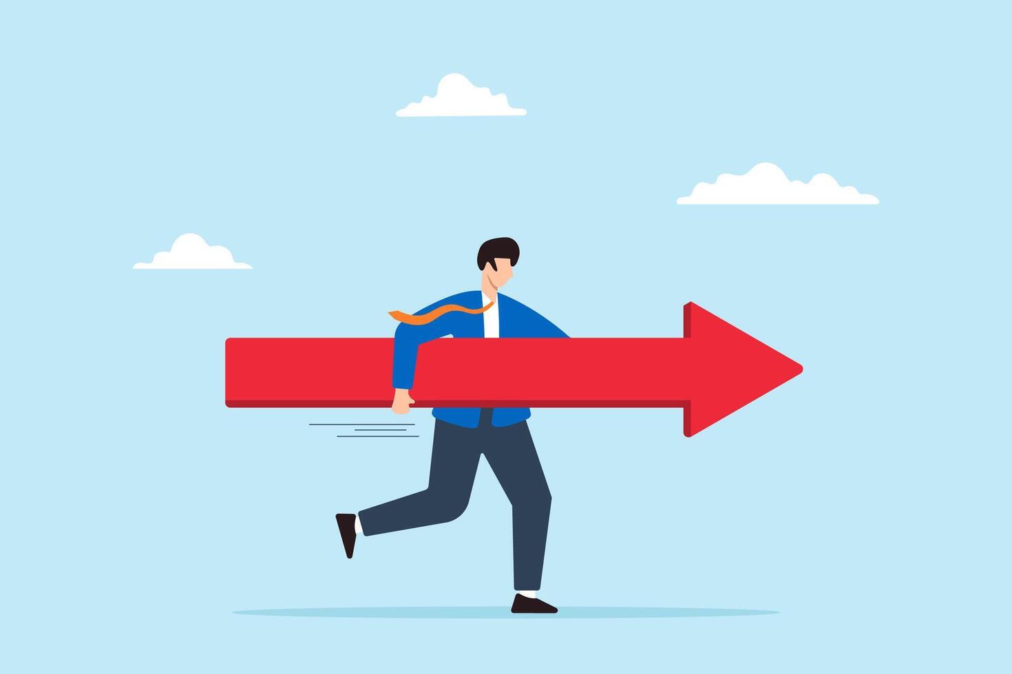 Businessman runs forward with arrow sign, illustrating progress towards success. Concept of determination, courage, and direction of business, career path, or pursuit of opportunities and missions vector