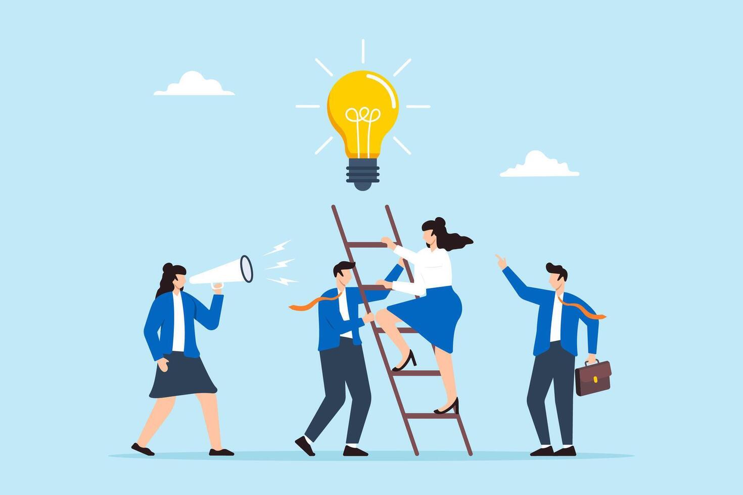 Business team assists colleagues in climbing stairs to reach new lightbulb ideas. Concept of helping and supporting each other towards success through teamwork, partnership, and collaboration vector