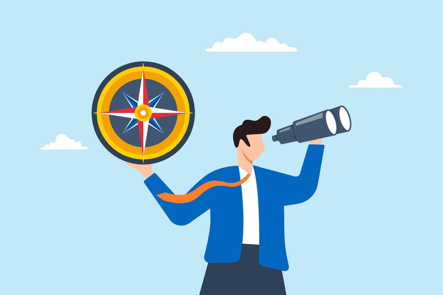 Businessman with binoculars and compass trying to find business profit. Concept of seeking direction, making decisions for business growth, finding investment opportunities, leadership and vision vector