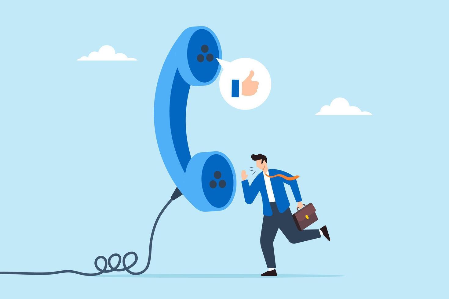 Salesman talks to client on phone and seals deal with thumbs up symbol, illustrating expertise in telephone sales to generate leads. Concept of successful telemarketing, promoting products or services vector