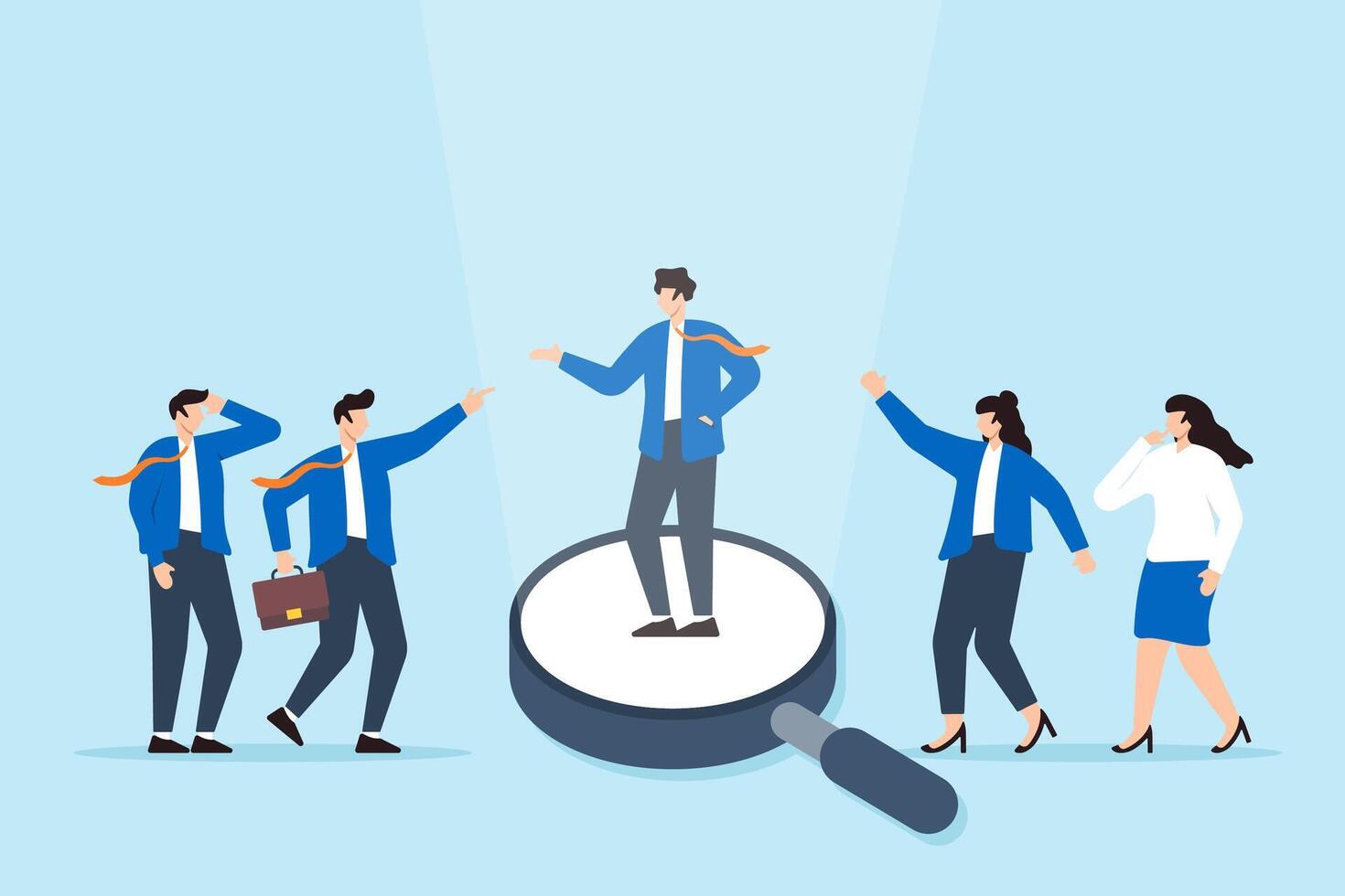 Outstanding businessman stands out on magnifying glass among applicants, illustrating chosen candidate for a new job. Concept of HR or human resources, selecting employment and recruitment process vector