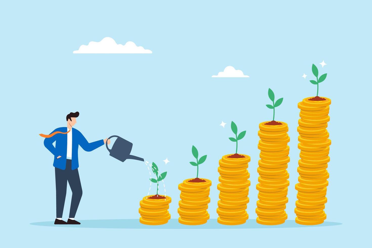 Businessman watering young plants growing on stack of coins. Concept of investments or savings to grow and earn profits, mutual funds, wealth accumulation, and pension funds vector
