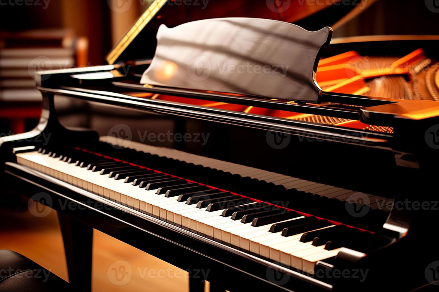 AI generated Closeup the grand piano keys on black piano classical music instrument in the music room photo