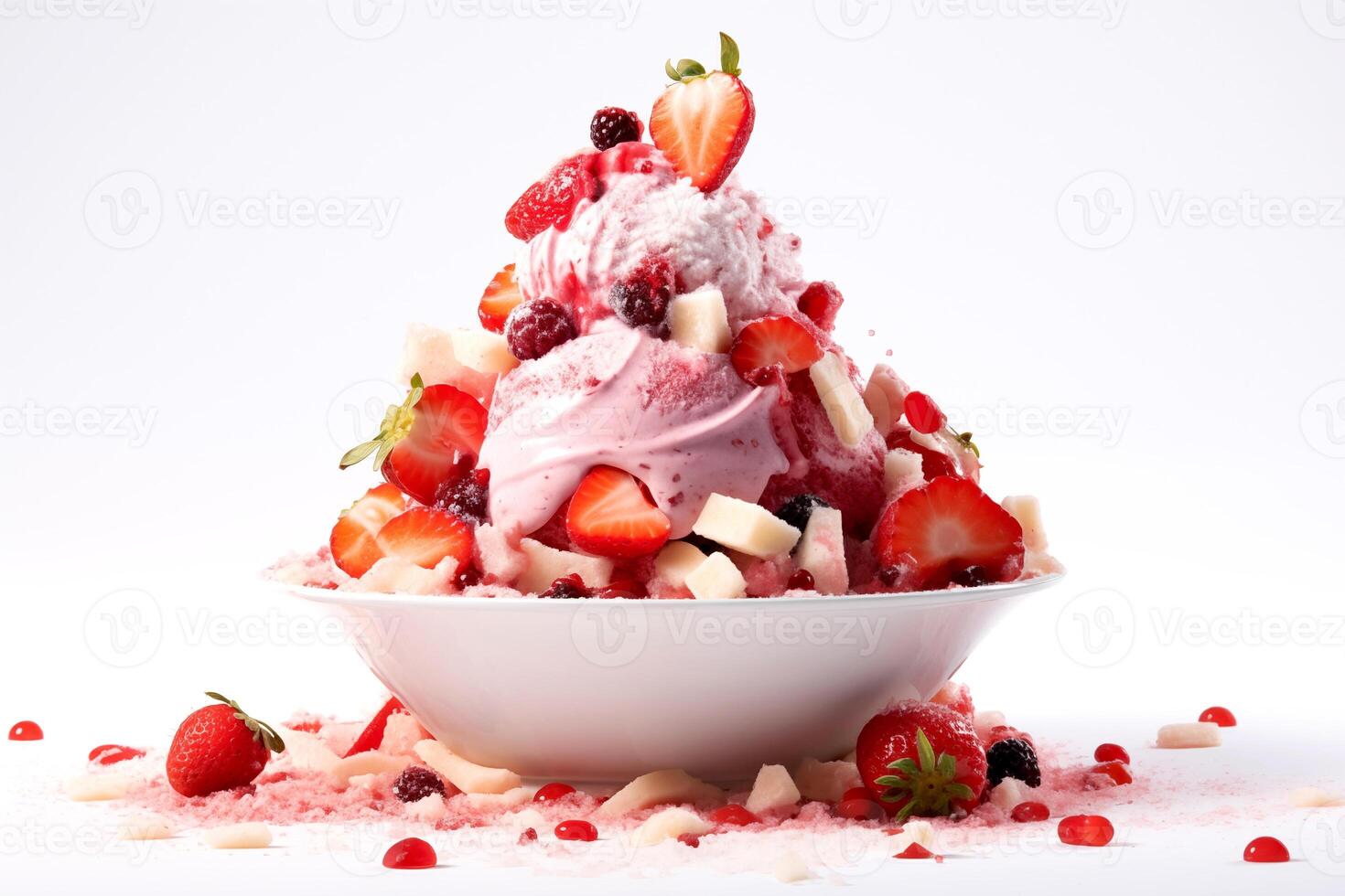 AI generated Fresh strawberry Bingsu ice cream with sweet toppings whipped cream korean shaved ice dessert white background for advertisement photo