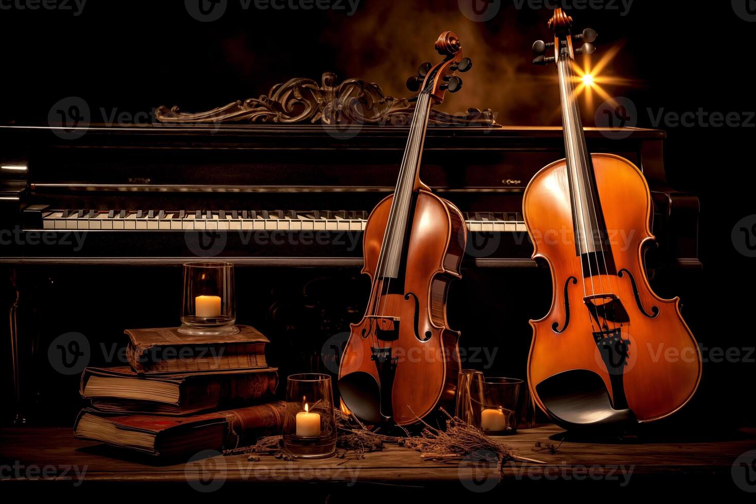 AI generated music trio instrument with grand piano, violin and cello decorated with candles and books with black background photo