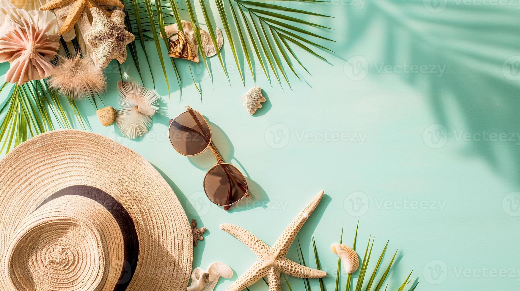 AI generated Summer flat lay with straw hat, sunglasses and beach accessories on pastel green background with palm leaf, sun, sunlight and shadow photo