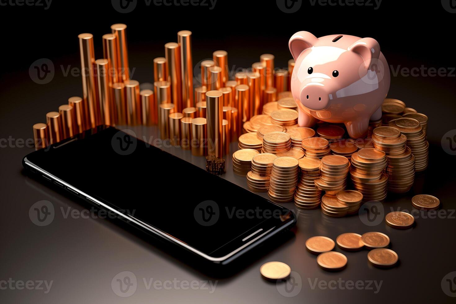 AI generated piggy bank and smartphone with gold coins on a black background photo