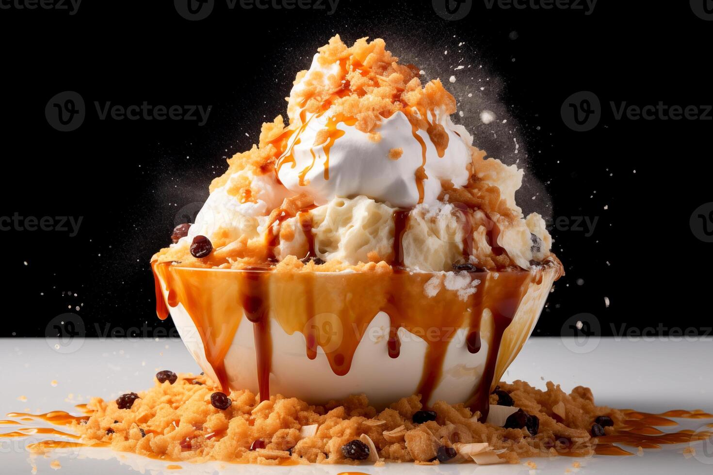 ai generado tailandés té bingsu hielo crema con dulce coberturas azotado crema, caramelo y seco frutas coreano afeitado hielo postre negro antecedentes foto